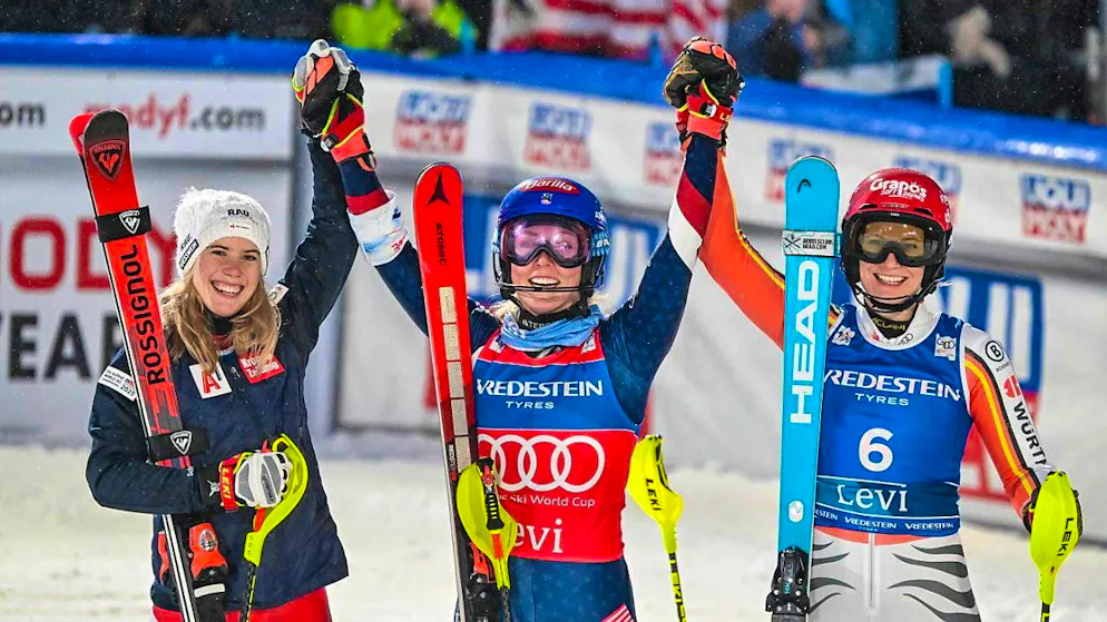 Mikaela Shiffrin superior - Rast and Meillard convince - Gallery. The top three in the first World Cup slalom of the winter (from left): Katharina Liensberger, Mikaela Shiffrin, Lena Dürr
