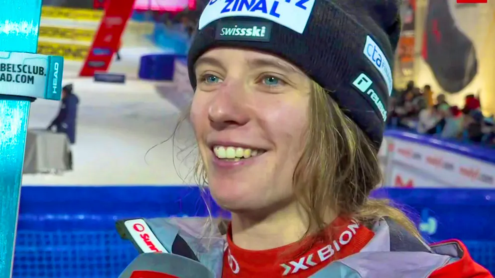 Camille Rast beams in an interview with SRF after her strong performance.