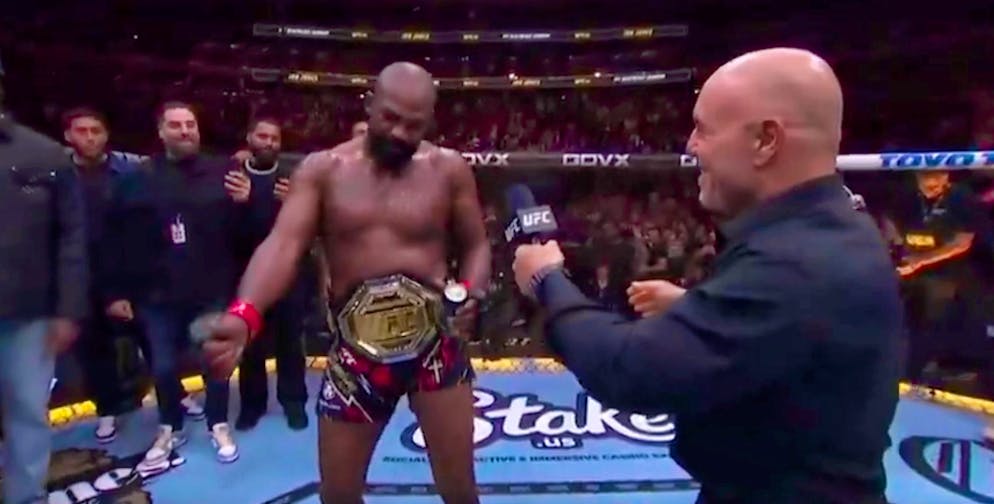 UFC fighter Jones knocks out Miocic and celebrates Donald Trump. After his victory, Jones thanks Trump and imitates his old man dance.