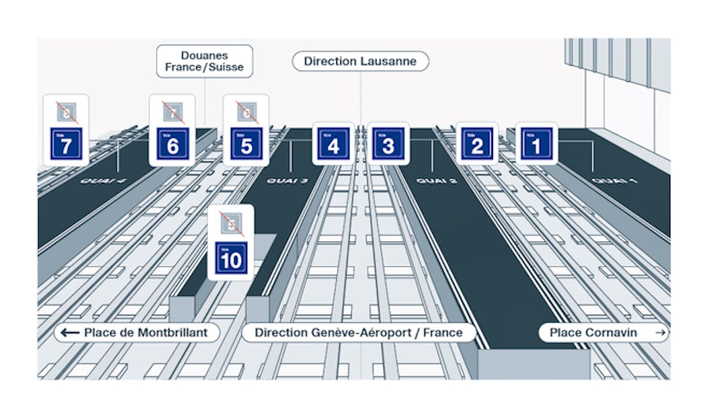 À partir du dimanche 24 novembre, à 15h, la numérotation des voies changera : la voie 5 deviendra la voie 10, et les voies 6, 7 et 8 deviendront respectivement les voies 5, 6 et 7. Ces ajustements anticipent la future configuration de la gare avec ses voies en surface numérotées de 1 à 7.