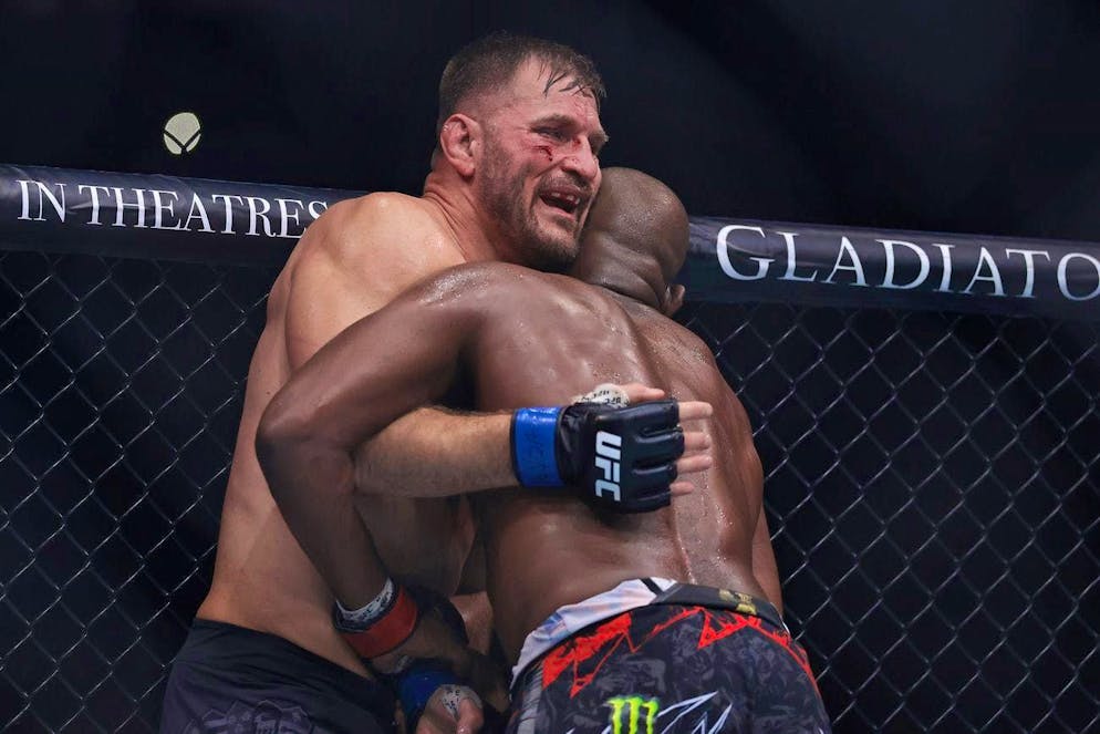 UFC fighter Jones knocks out Miocic and celebrates Donald Trump. Miocic is scarred by Jones' hard punches and kicks.