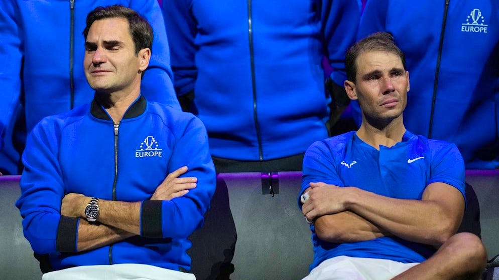 Tears of farewell: Roger Federer (left) and Rafael Nadal cry together at the Laver Cup 2022.