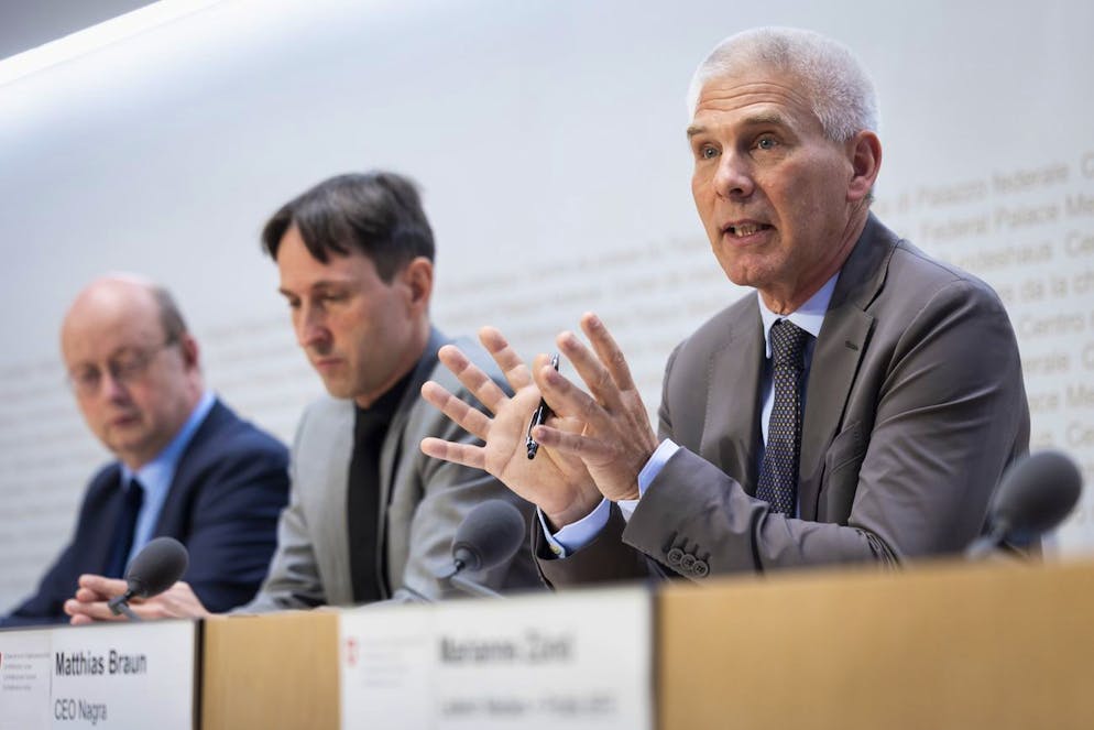 From right to left: Matthias Braun, CEO Nagra, Roman Mayer, Vizedirektor Bundesamt für Energie BFE, and Felix Altorfer, Leiter Aufsichtsbereich Entsorgung ENSI heute in Bern.