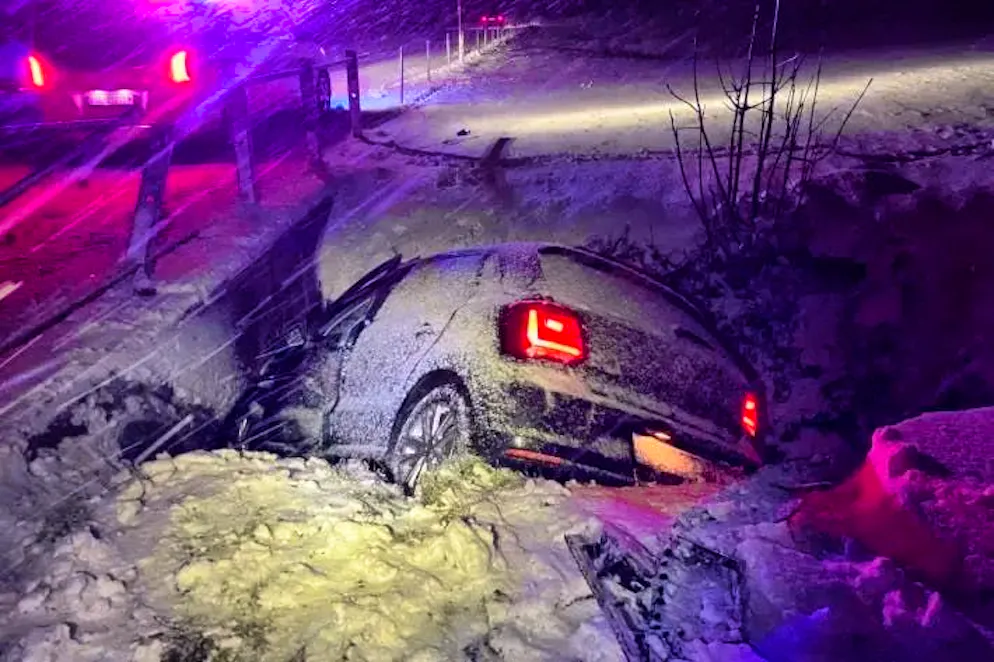 Here a car lands in a stream bed. 