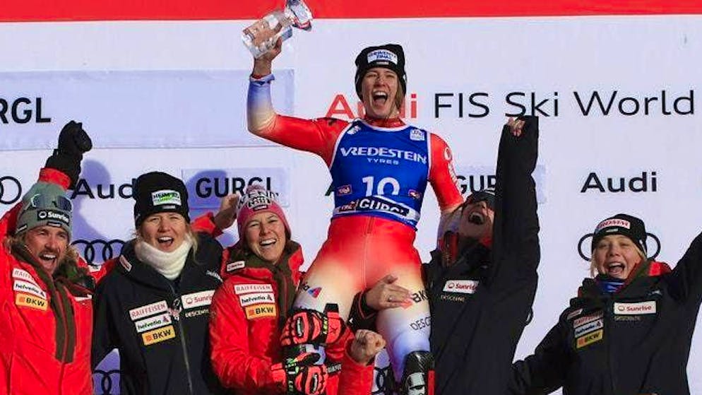Camille Rast celebrates her first podium finish with the Swiss Ski team in Gurgl.