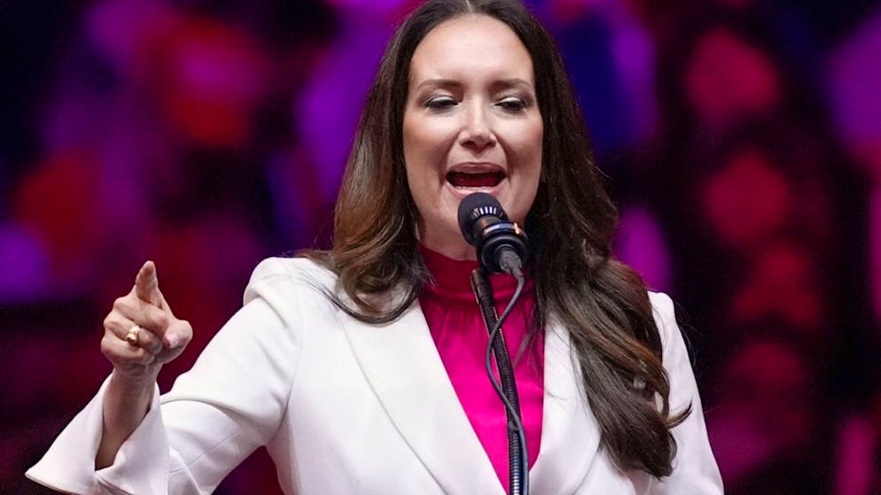 ARCHIV - Brooke Rollins spoke during a Wahlkampfveranstaltung at Madison Square Garden, October 27, 2024, in New York. Photo: Evan Vucci/AP/dpa