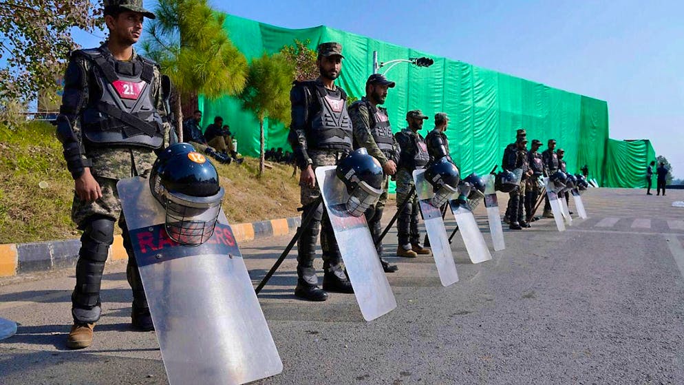 Soldiers patrol in front of a planned rally by supporters of the Pakistan Tehreek-e-Insaf party of imprisoned former Prime Minister Imran Khan. Photo: Anjum Naveed/AP