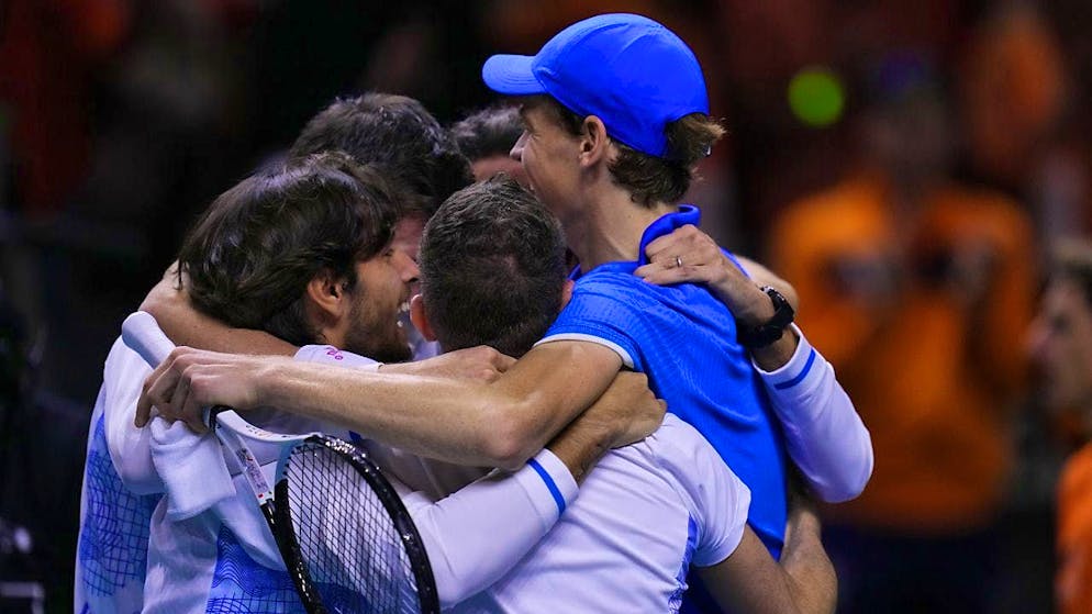 The Italians celebrate their second Davis Cup triumph in a row.