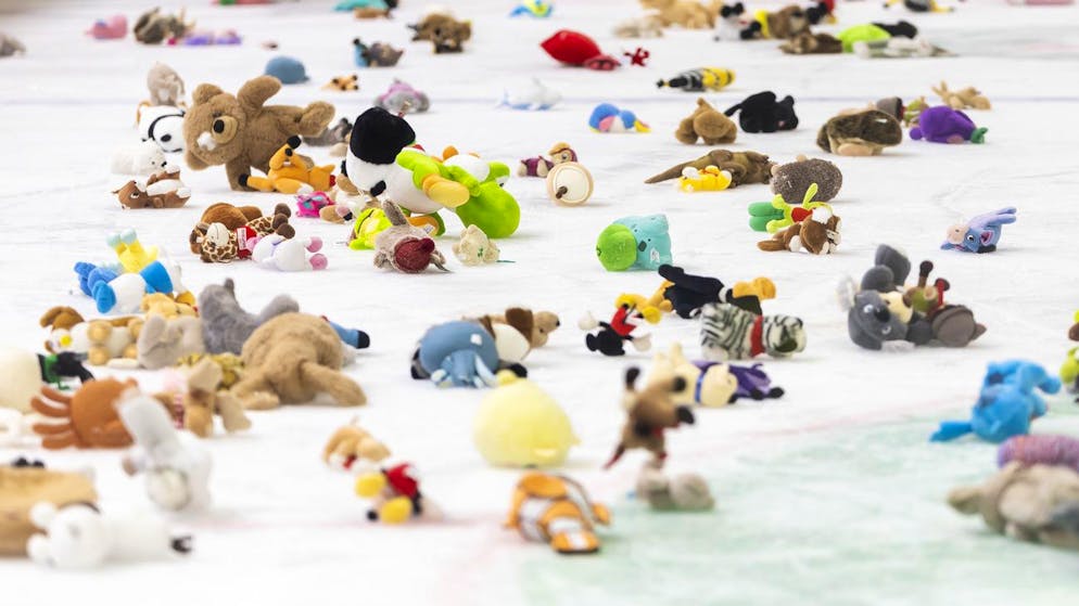 Des peluches sont lancees sur la glace lors du lancer de peluches, lors de la rencontre.