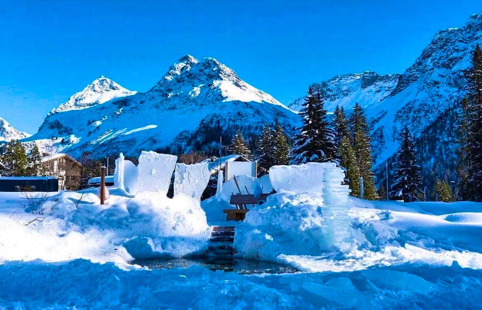 You can easily get into the icy cold water in Arosa through an exposed hole in the ice.