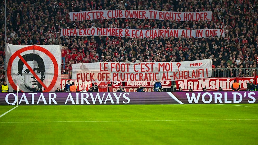 Bayern fans display abusive posters against the president of Paris Saint-Germain, Nasser Al-Khelifi.