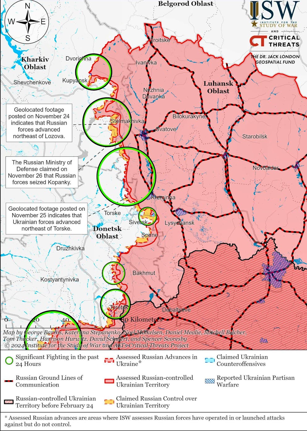 The front in the west of Luhansk: there are bangs (from north to south) in Kupjansk, Torske, Siwersk, Tschassiw Jar (west of Bachmut) and Torezk.