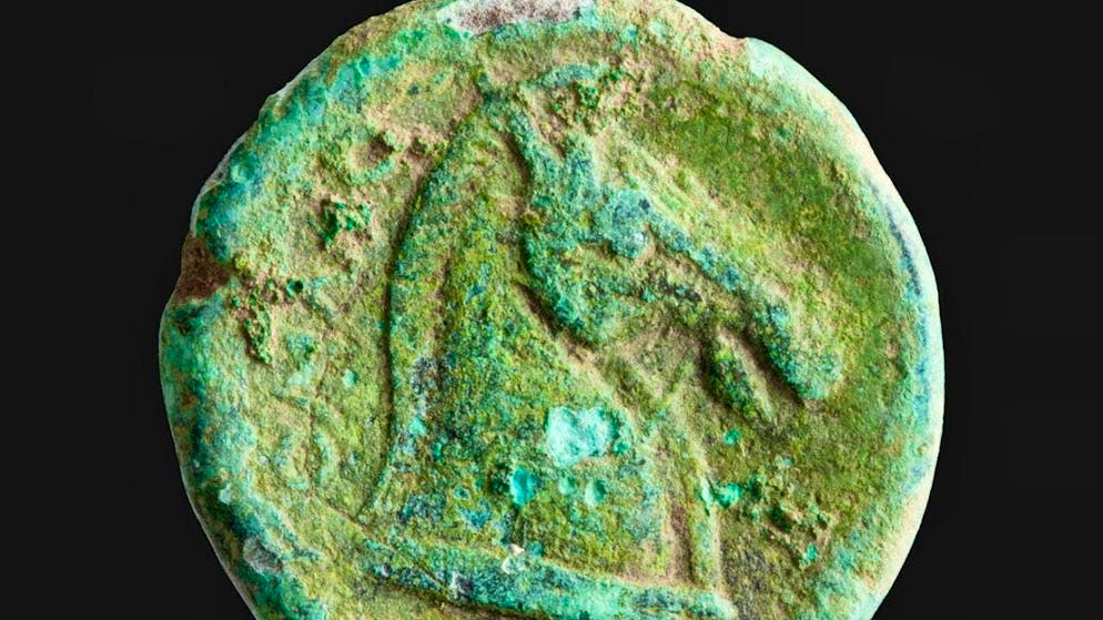 Horse's head on the 2300-year-old bronze coin discovered in Augusta Raurica.