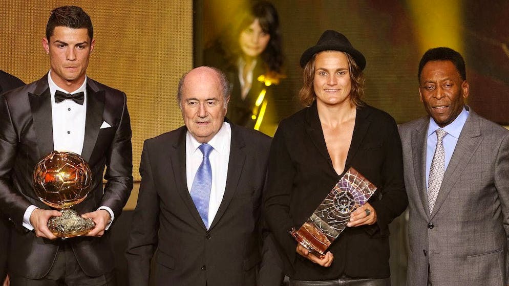World footballer Cristiano Ronaldo (left) and world footballer Nadine Angerer pose for a photo with then FIFA President Sepp Blatter and football legend Pelé, who died in 2022, in 2013.