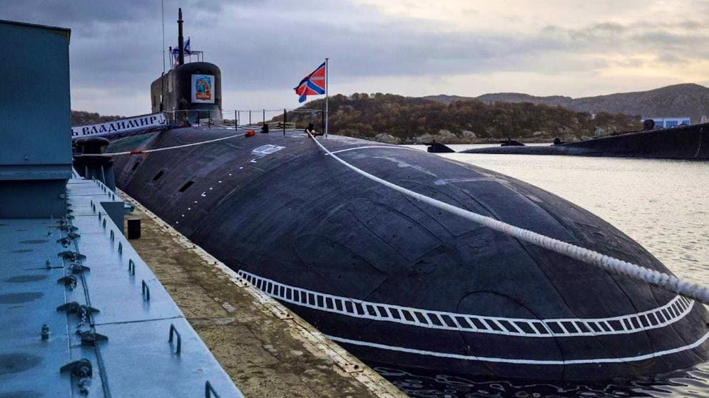 The Knyaz Vladimir, a Borei-class nuclear submarine, in Murmansk in October: nuclear threats are intended to blow up Nato.