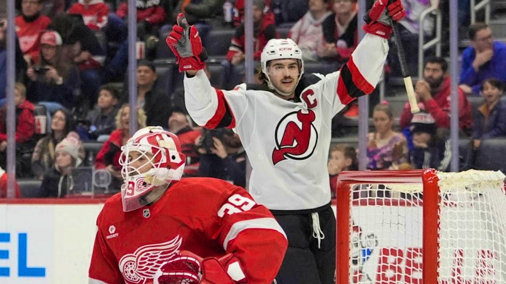 Nico Hischier of the New Jersey Devils celebrates his goal against the Detroit Red Wings