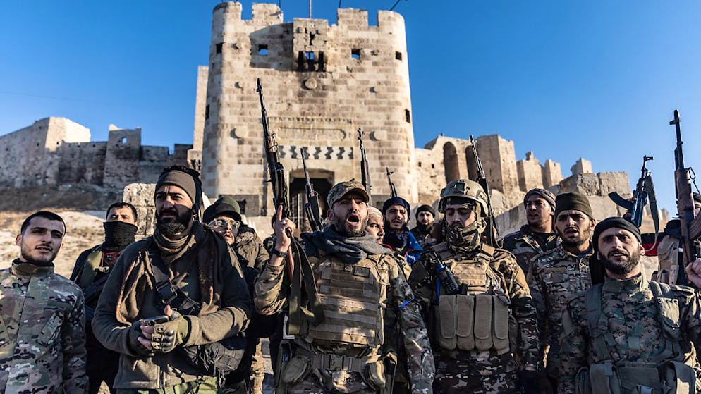 Mitglieder der bewaffneten syrischen Oppositionskräfte stehen vor der antiken Burg von Aleppo  