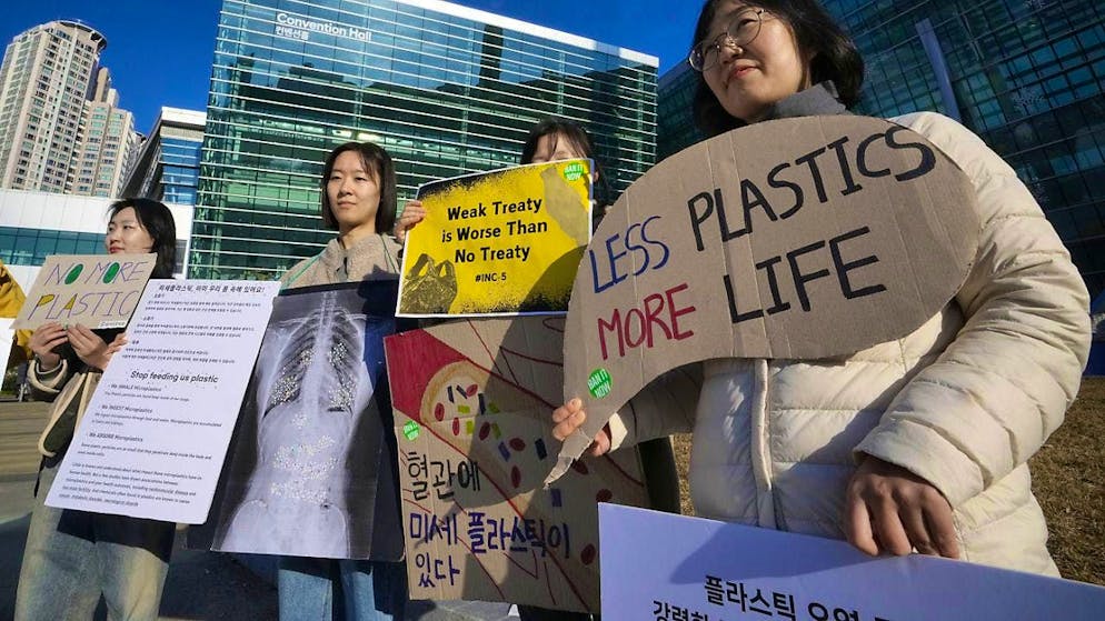 South Korean environmental activists protest outside the venue of the fifth session of the Intergovernmental Negotiating Committee on Plastic Pollution in Busan. (archive picture),