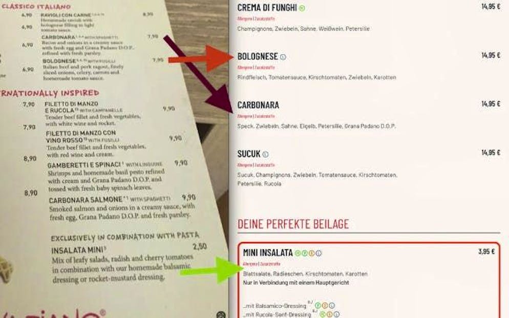 The price differences on the menu are clearly visible. 