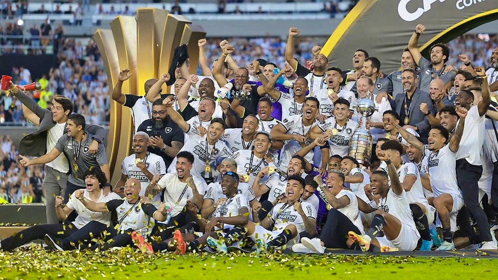The Botafogo players pose for the winner's photo after their Copa Libertadores triumph