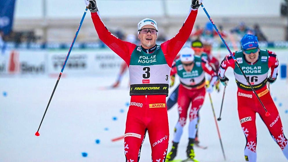 Harald Östberg Amundsen celebrates victory in the 20 km skating race with mass start in Ruka