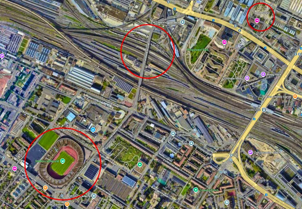 La Turbinenplatz, le pont Duttweiler et le stade du Letzigrund.