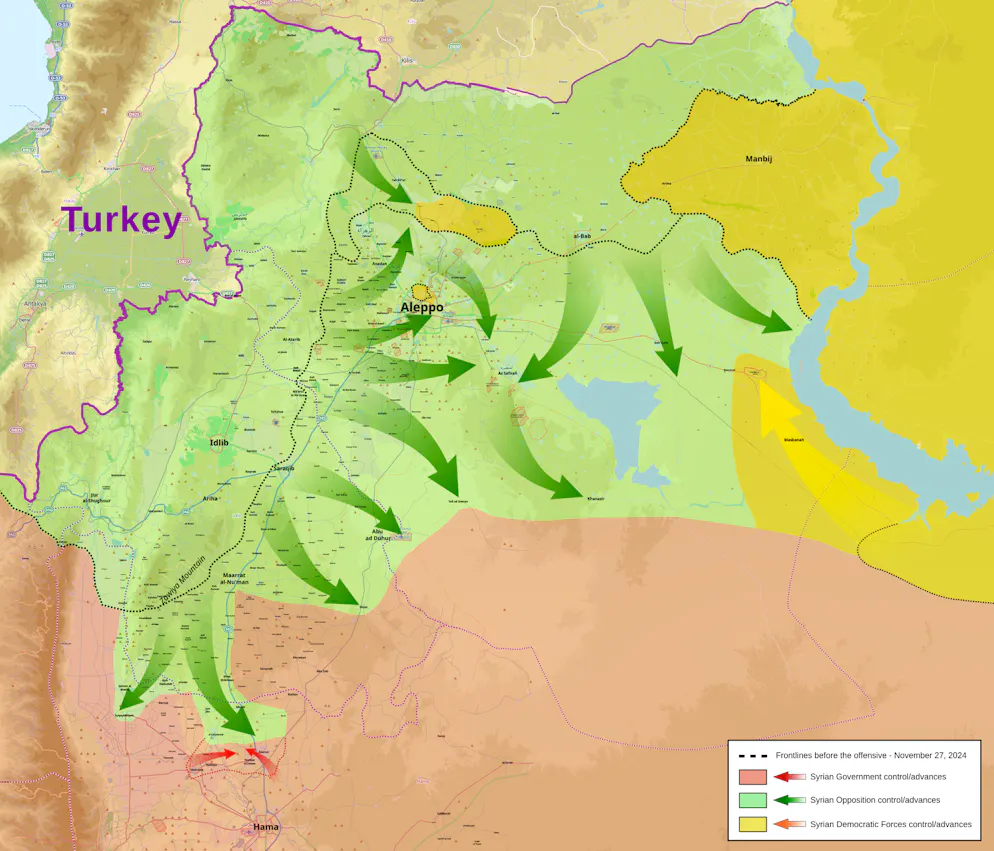 Die gestrichelte Linie zeigt, wo in Syrien die Front am 27. November liegt: Seither sind vor allem islamistische Gruppen (grün), aber auch die Kurden (gelb) vorgerückt. 