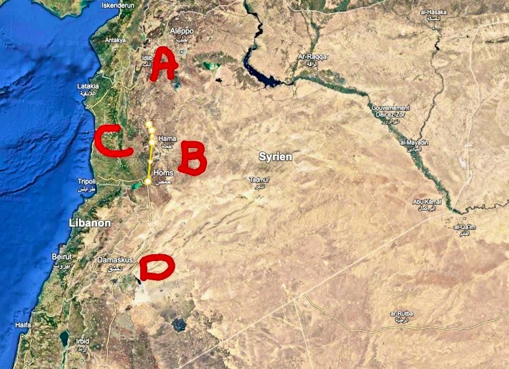 Dopo la caduta di Aleppo, HTS e SNA si stanno muovendo verso Hama, Homs (B) e Latakia (poco sopra C) per accerchiare Tartus (C). Questo costringerebbe molti alawiti di Damasco (D) a tornare in patria.