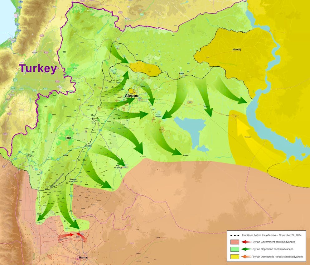 La linea tratteggiata mostra dove si trovava la linea del fronte in Siria il 27 novembre: da allora, ad avanzare sono stati soprattutto i gruppi islamisti (verde) ma anche i curdi (giallo).