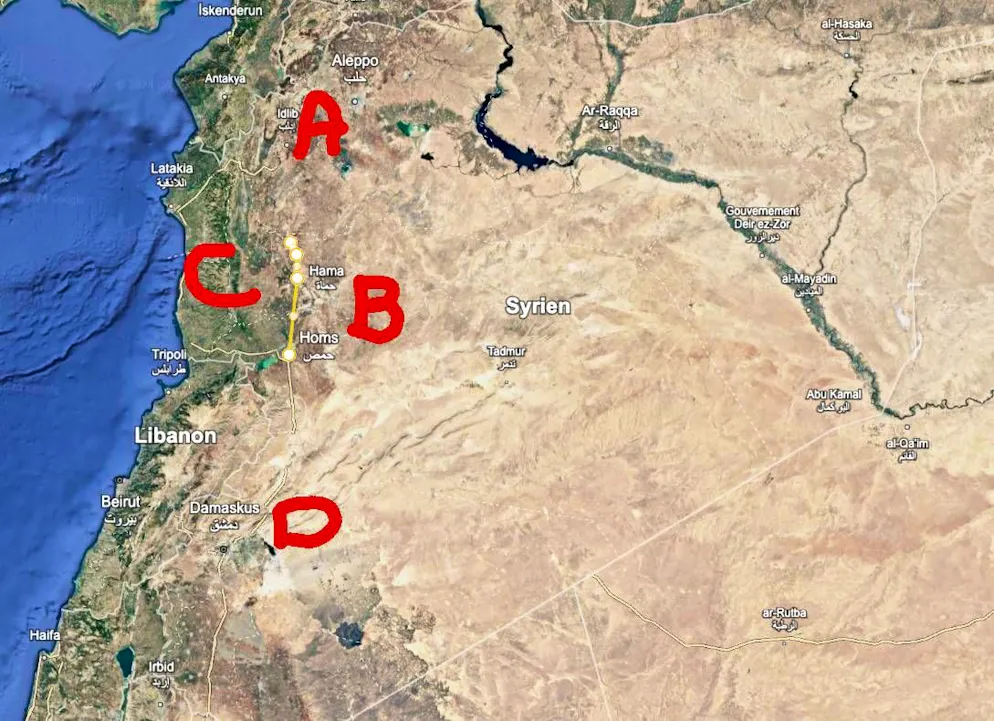 Nach dem Fall von Aleppo ziehen HTS und SNA Richtung Hama und Homs (B) und Latakia, um Tartus (C) einzukesseln. Das würde viele Alawiten von Damaskus (D) zurück in ihre Heimat gehen lassen.