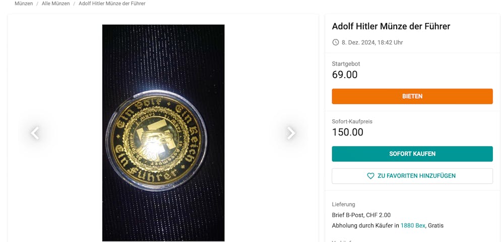 Diese Münze wird unter der Sparte «Münzen» aufgeführt. Dabei handelt es sich um ein Geldstück der Nazi-Zeit.