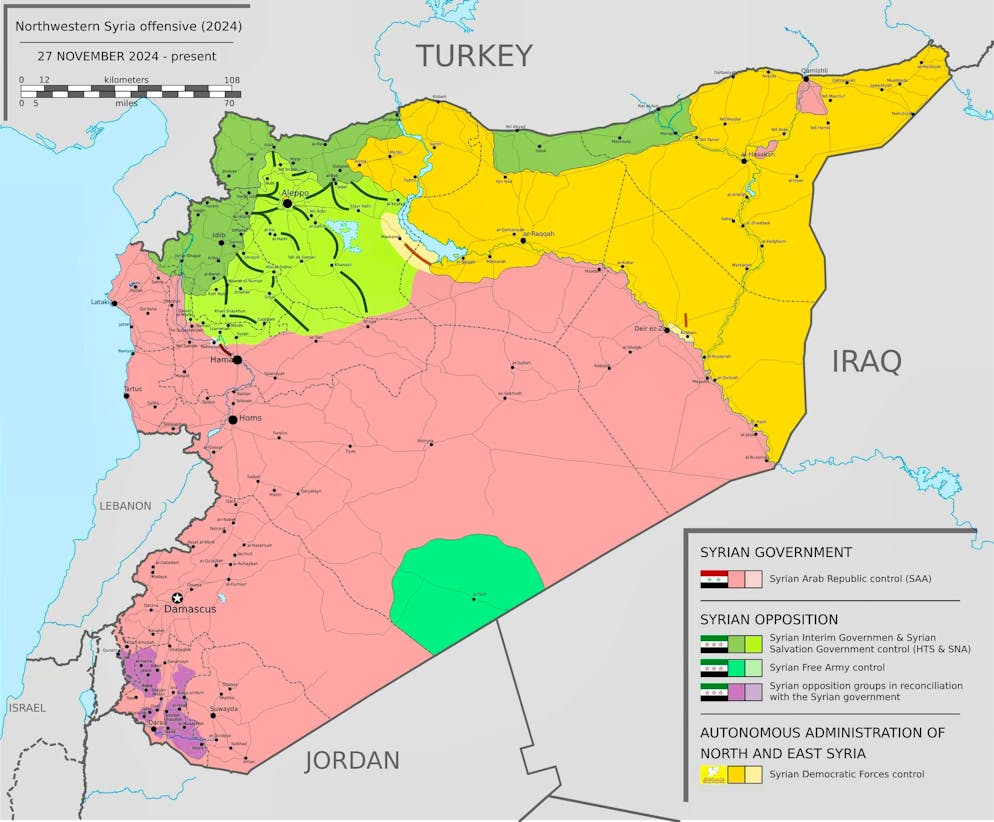 The pink and orange areas are held by government troops.