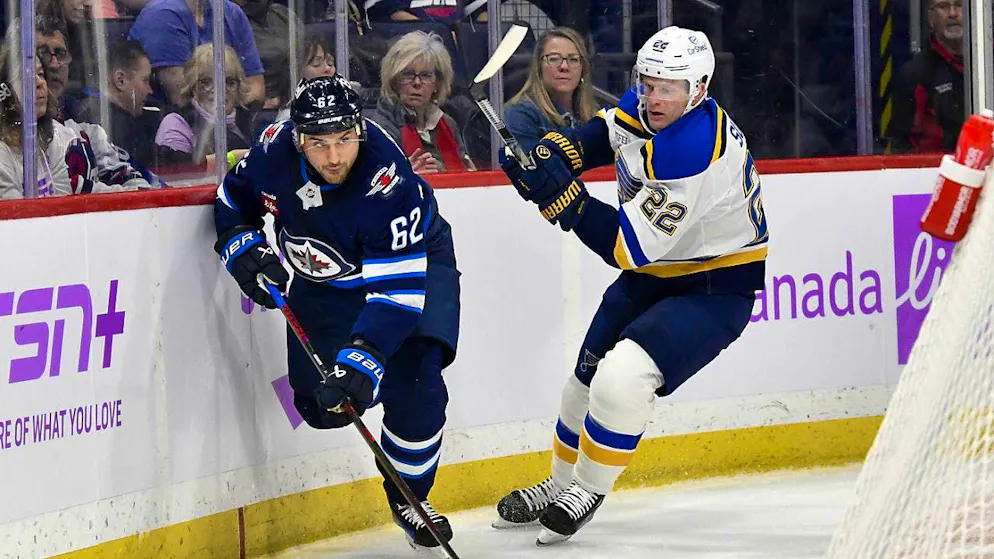Winnipeg forward Nino Niederreiter (left) was unsuccessful with his three shots on goal against the St. Louis Blues