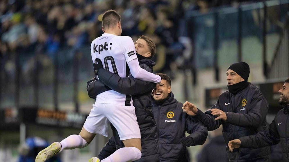 Sandro Lauper is celebrated by his team-mates after the 1-0 win