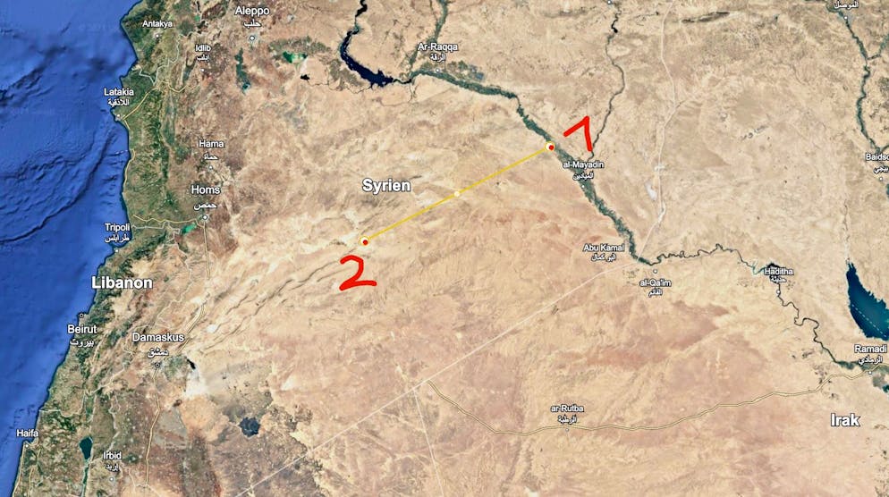 Sprungbrett über den Euphrat nach Westen: Von Deir ez-Zor (1) führt eine gut 200 Kilometer lange Autobahn bis nach Palmyra (2). Von dort geht es weiter nach Homs oder Damaskus.