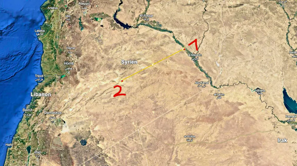 Springboard across the Euphrates to the west: From Deir ez-Zor (1), a 200-kilometre-long highway leads to Palmyra (2). From there, the route continues to Homs or Damascus.