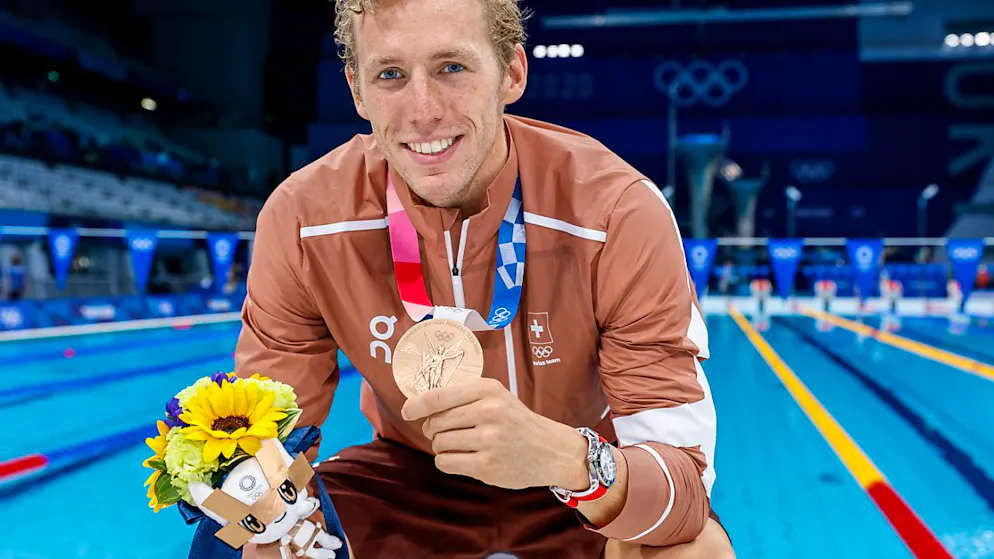 Der Höhepunkt: Jeremy Desplanches mit der Bronzemedaille von den Olympischen Spielen in Tokio