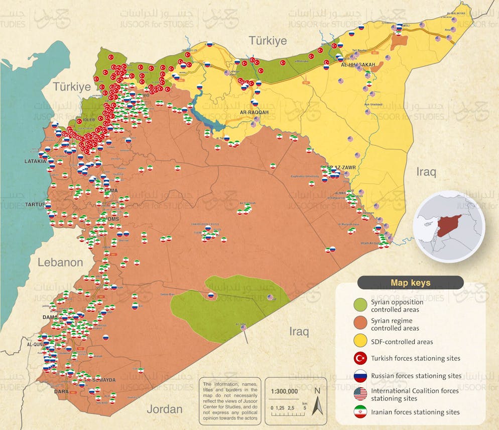 Basen und Checkpoints ausländischer Militärs Mitte 2024 in Syria.