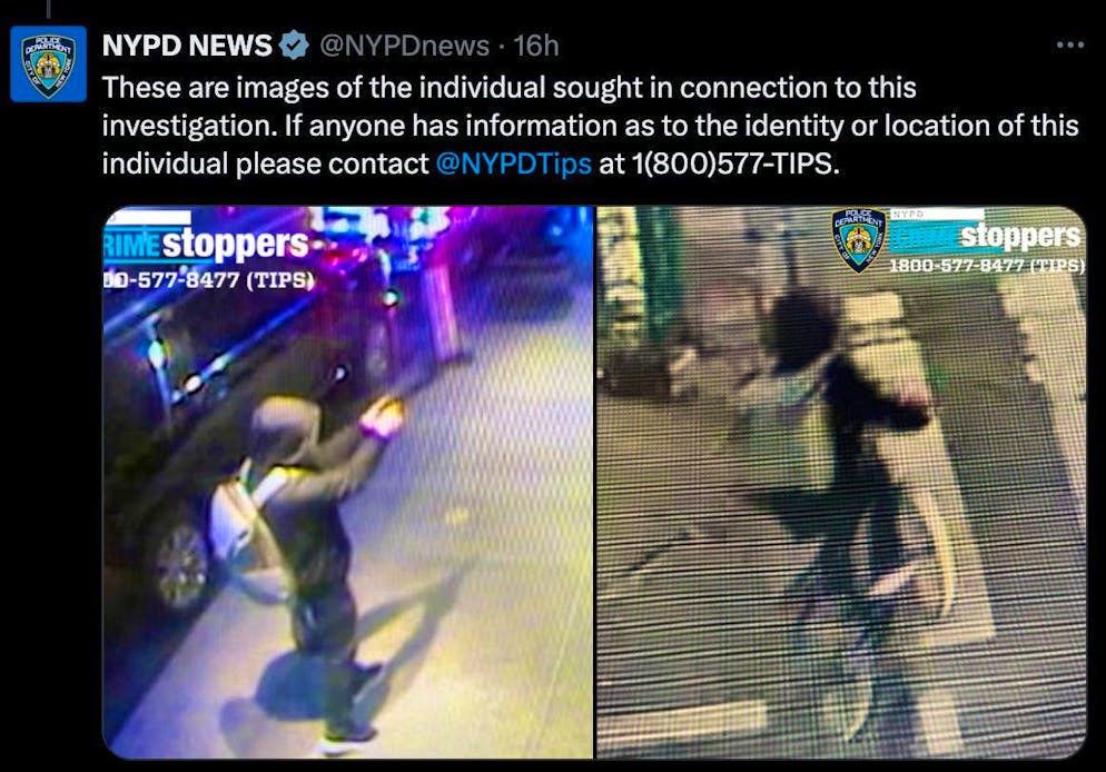 The New York police published photos of the perpetrator on X.