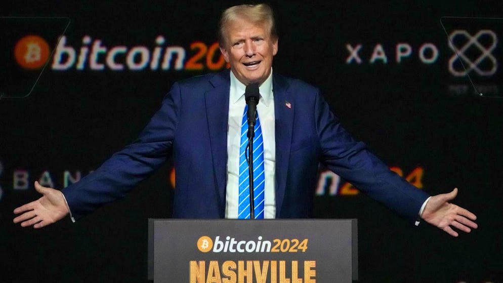 Future US President Donald Trump campaigning at the Bitcoin Conference in Nashville on July 27, 2024.