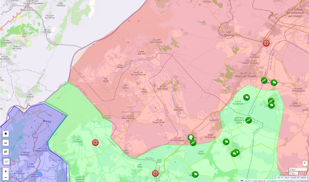 Lage südlich von Damaskus. Besetzte Golanhöhen in blau.