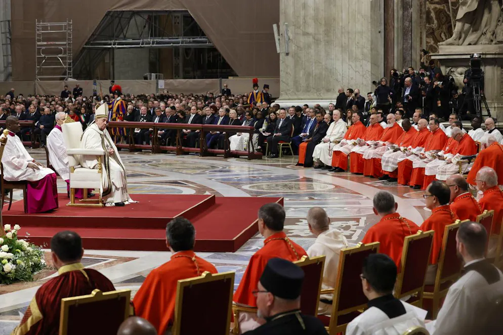 epa11763020 Pope Francis presides over a consistory ceremony in the St. Peter's Basilica at the Vatican, 07 December 2024. The consistory is held for the appointment of 21 new cardinals. EPA/FABIO FRUSTACI