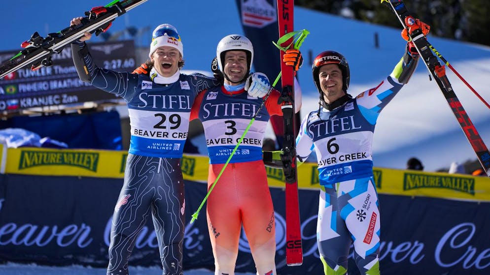 Lucas Pinheiro Braathen (2e), Thomas Tumler (1er) et Zan Kranjec (3e).