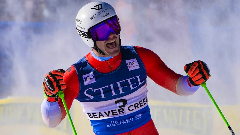 Thomas Tumler celebrates his giant slalom triumph in Beaver Creek.