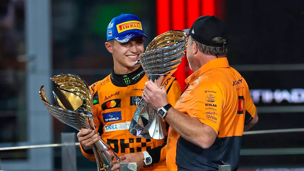 McLaren back at the top after years of pandemic - Gallery. Lando Norris and McLaren CEO Zak Brown with the winner's trophies