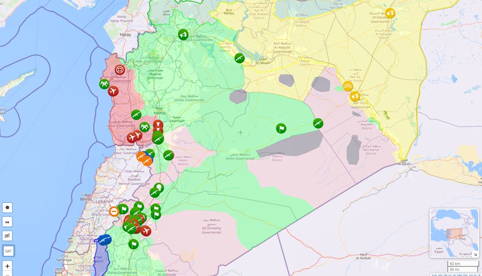Die Lagekarte nach dem Fall von Joms und Damaskus – Dair as-Saur liegt im Osten bei den beiden gelben Icons.