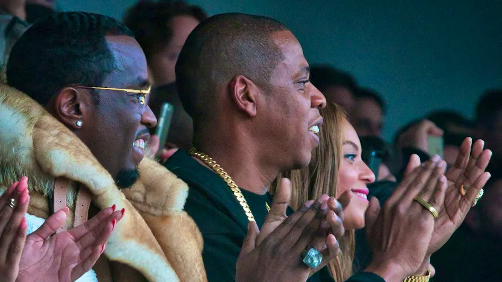 Sean Combs, Jay Z and Beyoncé (from left to right) at the launch of Kanye West's Yeezy Boost collection for Adidas in New York. (February 12, 2015)