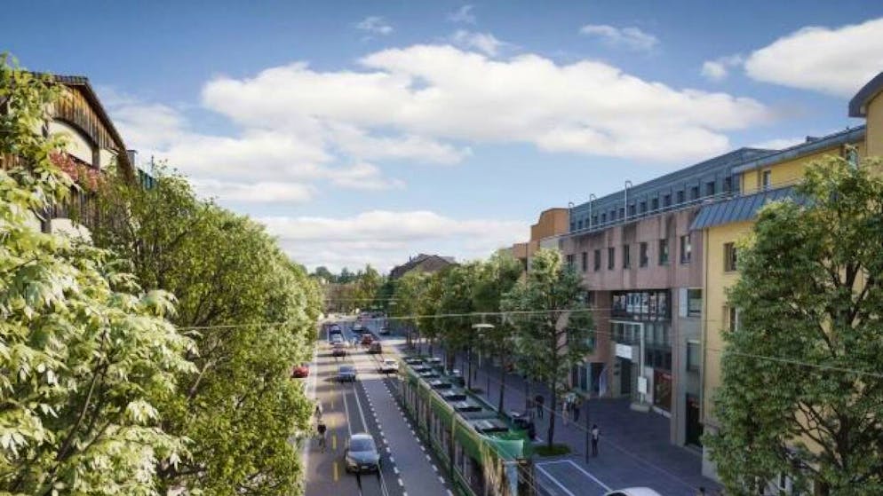 Diese Visualisierung zeigt die geplante Mischverkehrslösung in Birsfelden BL. In der Mitte gibt es einen Mehrzweckstreifen, an den Flanken Velostreifen. Tram, Autos und Velos sollen so aneinander vorbeikommen.