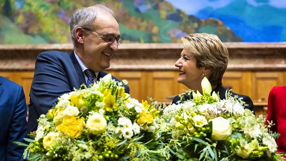 Karin Keller-Sutter and Guy Parmelin after her election as President of the Swiss Confederation for 2025 and Vice President of the Federal Council.
