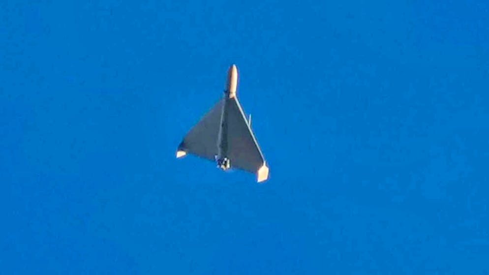 ARCHIVE - Iranian-made combat drone, presumably of the Shahed 136 type (Shahed 136). Russia often uses these drones to strike targets in Ukraine.er Photo: Efrem Lukatsky/AP/dpa